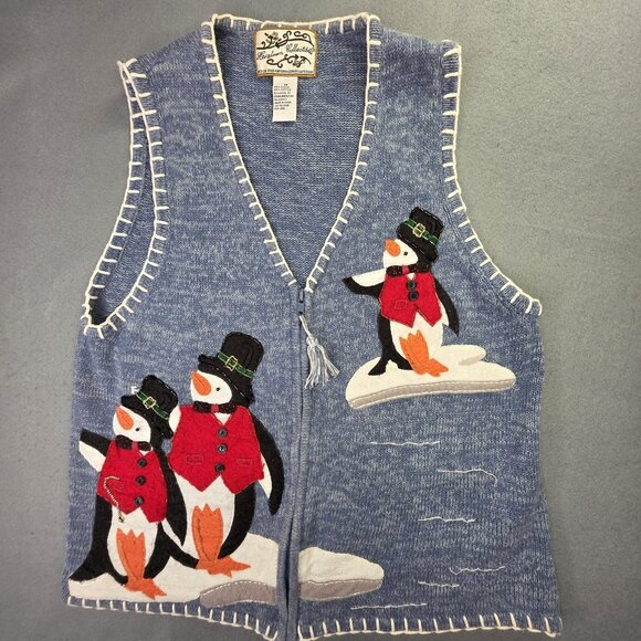 Vintage Heirloom Collectibles Sweater Vest Women M Blue Zip Penguin Ugly Holiday - Picture 10 of 10